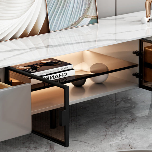 Keesley TV Stand Ceramic Glossy white Top Entertainment Unit/ Black