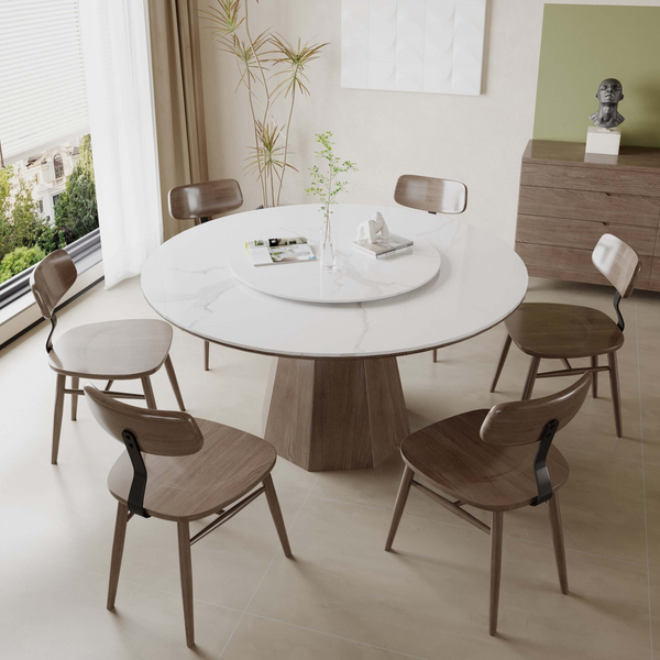 Yezo Ceramic Round Dining Table/Lazy Susan/Solid Timber Base/Glossy Fish-belly White Top