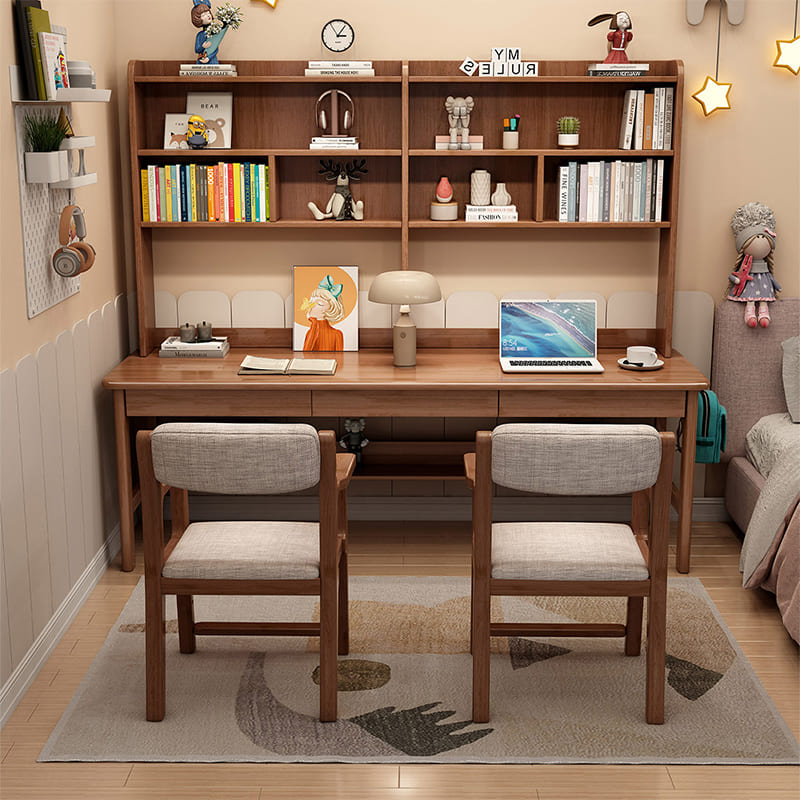 Trejan Walnut Solid Wood Study Desk with Book Shelves and Drawers/Rubb ...