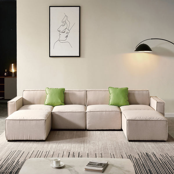 Apricot Linen Fabric Wooden Legs Sofa with Chaise and Ottoman