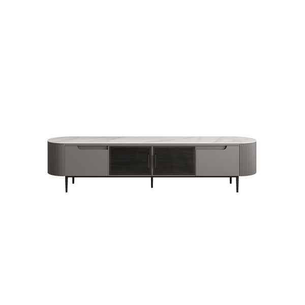 Keesley Ceramic Glossy white Top Entertainment Unit/TV Stand/Black Steel Legs