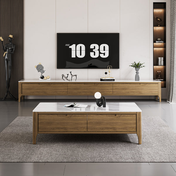 Agron Luxury Coffee Table White Marble Top/Wood legs/Walnut color