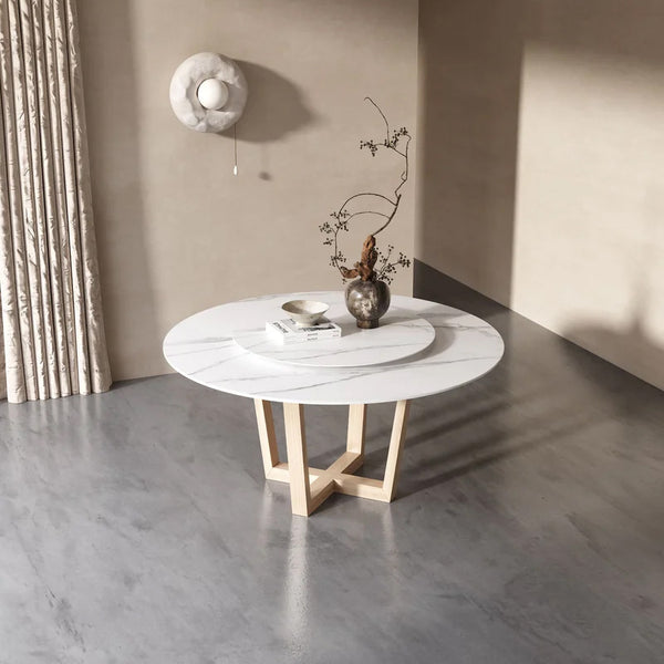 Echo Round Ceramic/Marble Dining Table/Lazy Susan/Timber legs