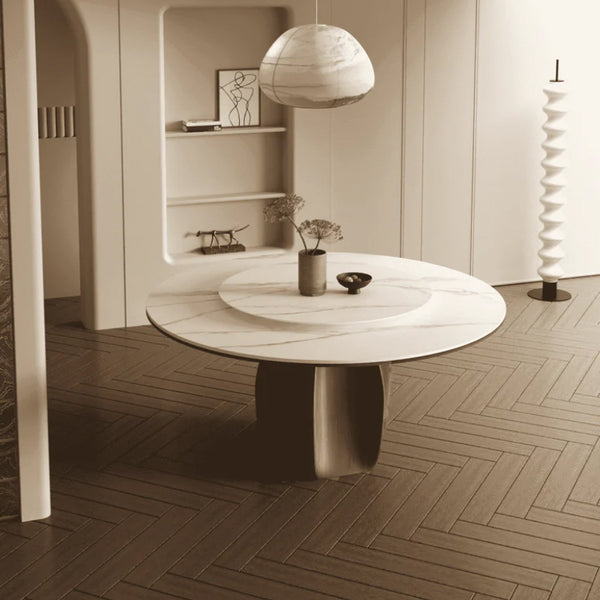 Themis Marble With Extra Timber Veneer Round Dining Table /Solid Timber Base