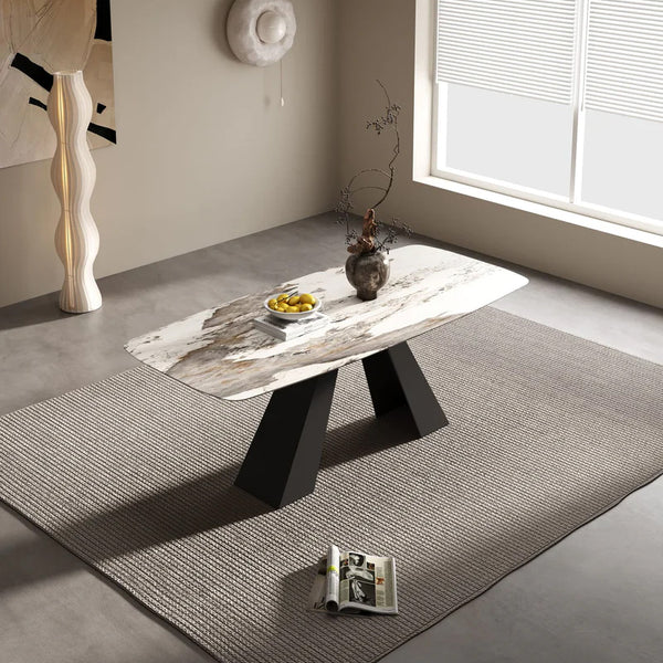 Keanu Rectangular Ceramic Dining Table/Steel Base/ Glossy Multi-color Ceramic Top