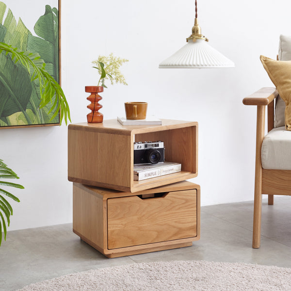 Sage FAS-Graded Solid American Oak Natural Wood Colored Swivel Side Table with Drawer