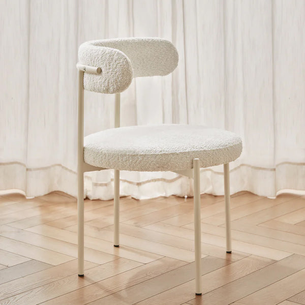 White Boucle Arc Backrest Dining Chair/Steel Legs/All White Chair