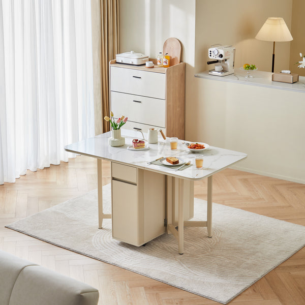 Atlai White Glossy Ceramic Tabletop Foldable Dining Table with Wheels/Extendable Table