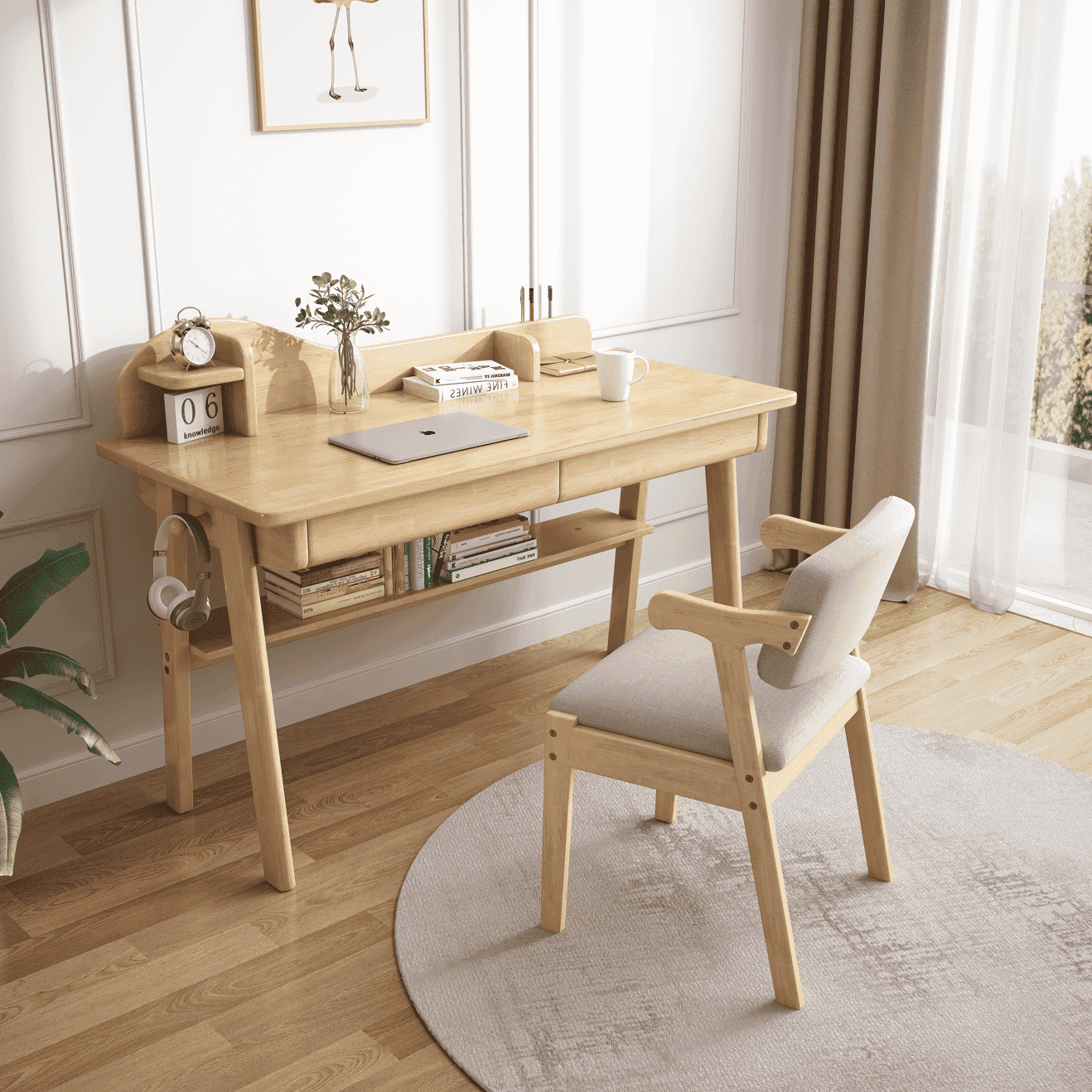 Andri Solid Wood Study Desk with Mini Shelf and Drawers/Rubberwood/Hom ...