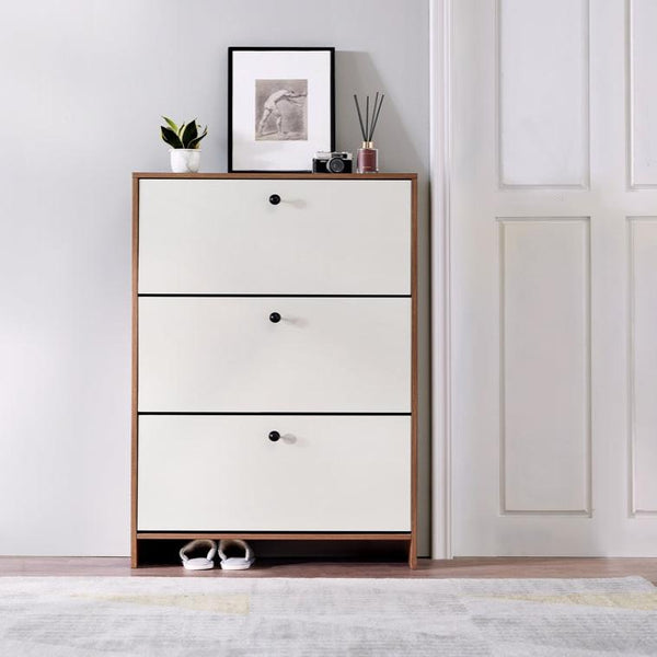 Ultra-Thin Flip-Down Walnut Shoe Cabinet/Space-Saving Entryway Storage Cabinet