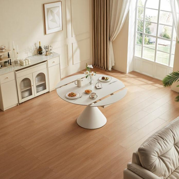 Kyrie Extendable White Round Dining Table with Ceramic Tabletop in Matte Finish/Steel Base