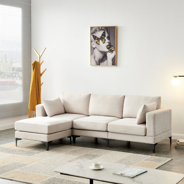 Fabric Upholstered Metal Legs Sofa with Ottoman in Beige color