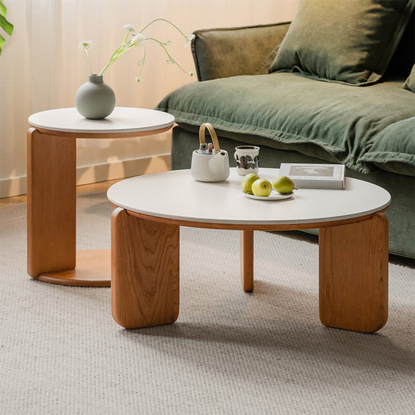 Twin-Set Coffee Table with Ivory White Ceramic Top and Natural FAS Graded Solid Cherry Wood Base with Side Table