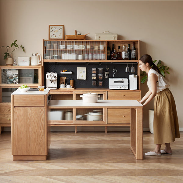 Casey FAS-Graded Solid American Oak Wood Kitchen Island with Extendable Ceramic Dining Table