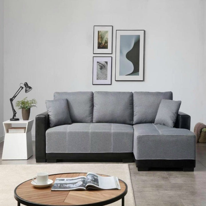  Dark Grey Sofa Bed with Chaise, Leather Armrests & Cushion