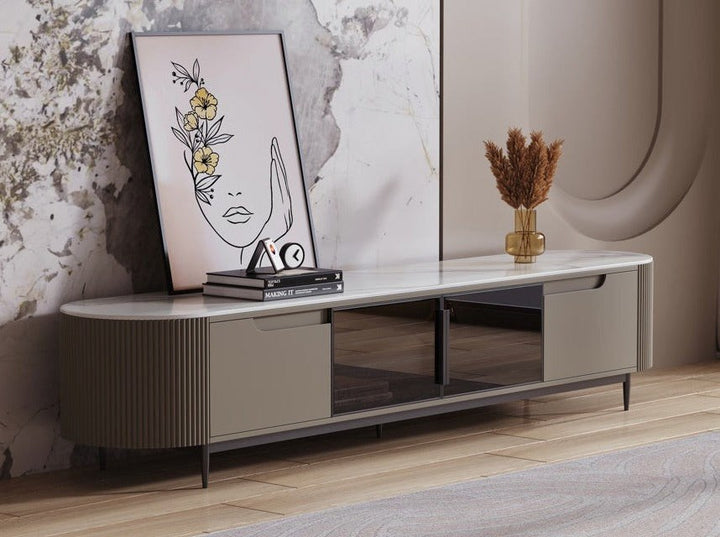 Keesley TV Stand - Ceramic Glossy white Top Entertainment Unit/ Black metal legs/MDF shelves