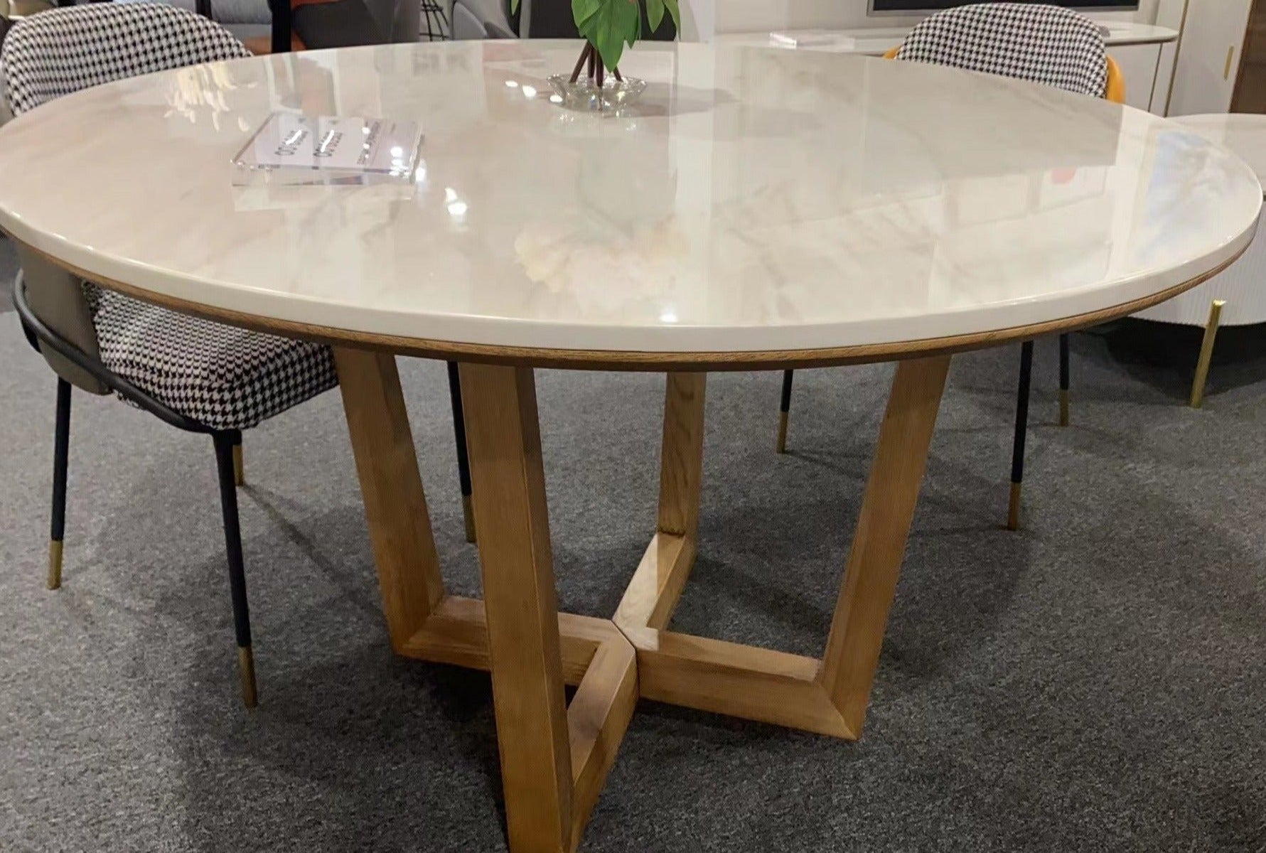 Echo Round Marble Tabletop Dining Table with Lazy Susan/Timber legs/Ma