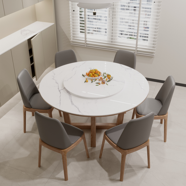 Echo Round Marble Tabletop Dining Table with Lazy Susan/Timber legs/Marble with Extra Venner