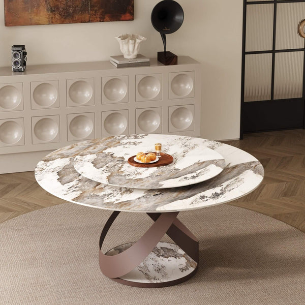 Pandora Ceramic top Round Dining Table with Lazy Susan/steel legs/Multicolor Top