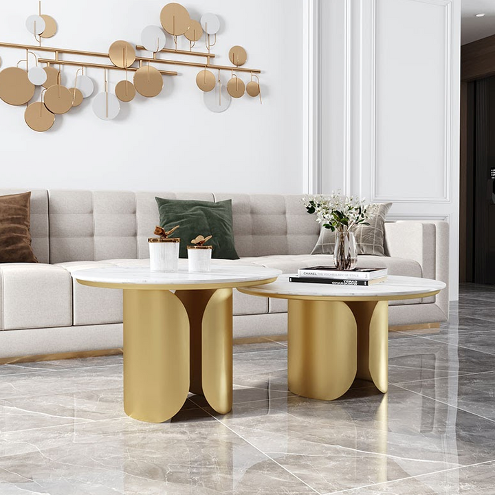 Tiara 2-piece/ Nesting Coffee Table/Ceramic Table Top/Golden powder-coated steel legs