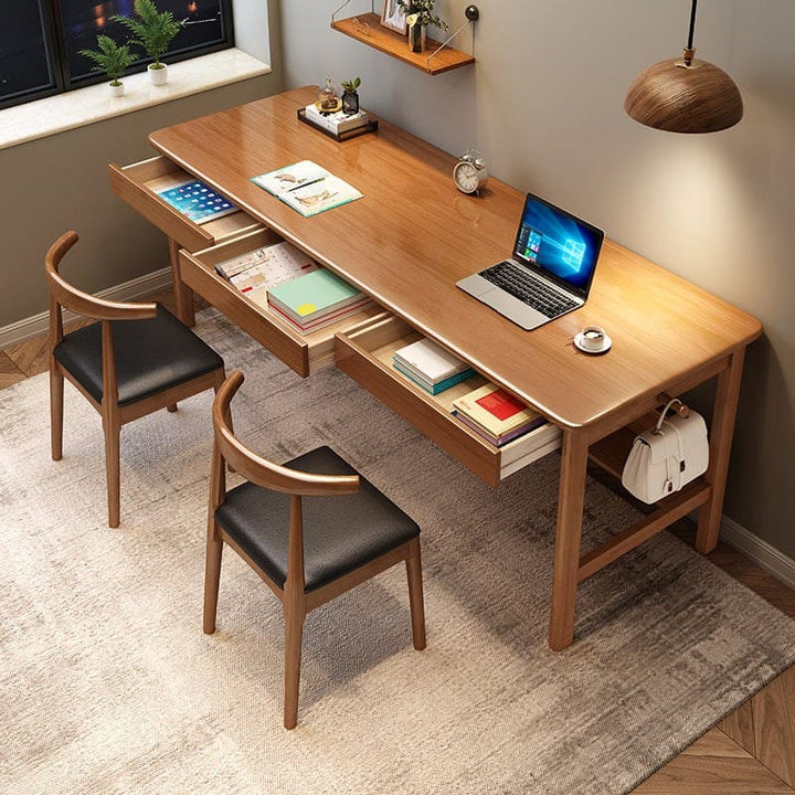 Lynard Walnut Color Solid Wood Study Desk With Drawersrubberwoodlong