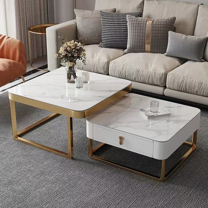 Daniel Marble Nested Coffee Table Set with Storage/Ceramic Top/Steel Frame/Gold Legs